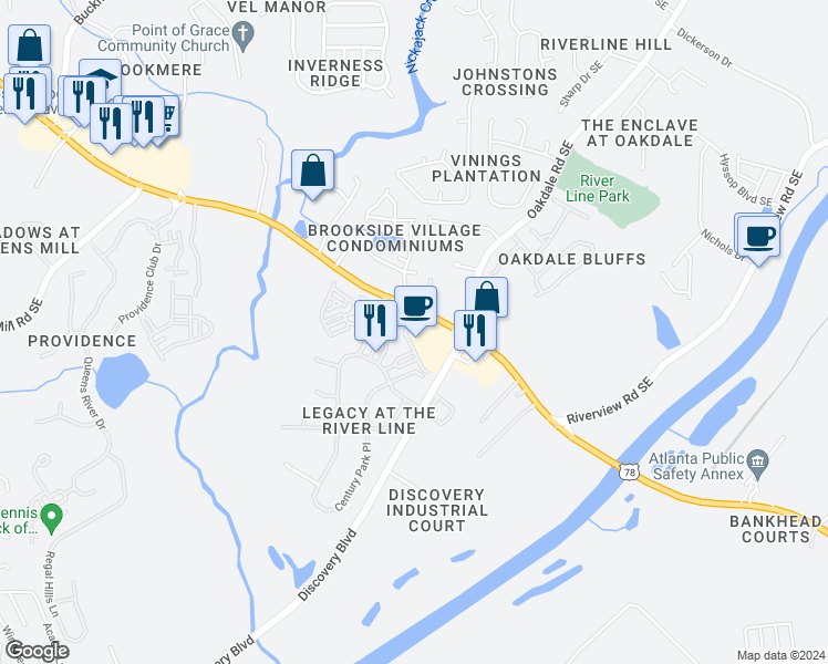 map of restaurants, bars, coffee shops, grocery stores, and more near 6080 Holly Park Lane Southeast in Mableton