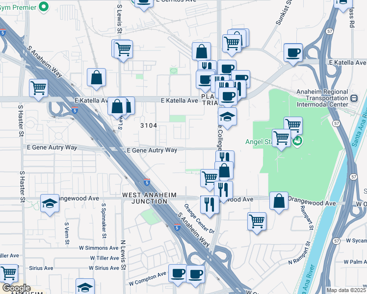 map of restaurants, bars, coffee shops, grocery stores, and more near 1899 Union Street in Anaheim
