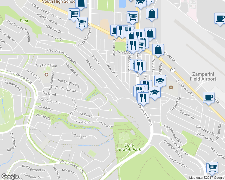 map of restaurants, bars, coffee shops, grocery stores, and more near 3837 Paseo De Las Tortugas in Torrance