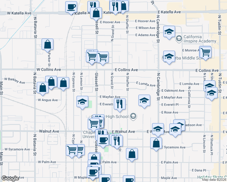 map of restaurants, bars, coffee shops, grocery stores, and more near 751 North Grand Street in Orange