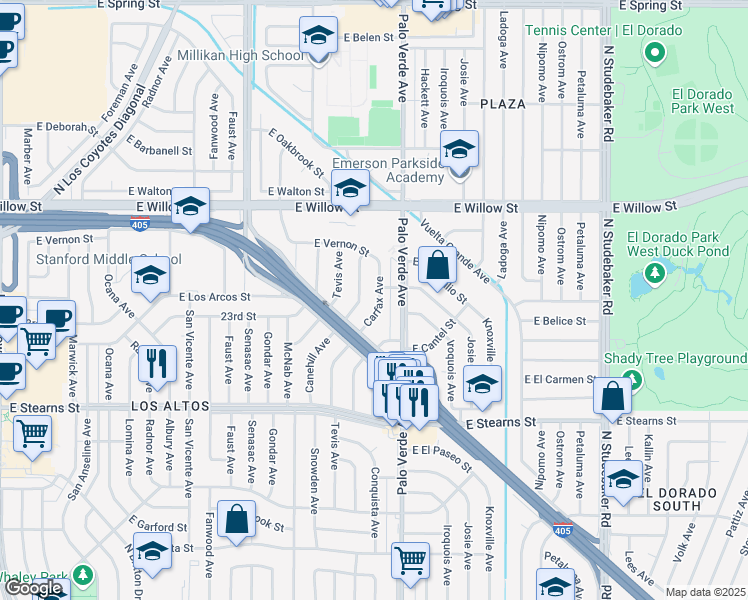 map of restaurants, bars, coffee shops, grocery stores, and more near 2285 Palo Verde Avenue in Long Beach