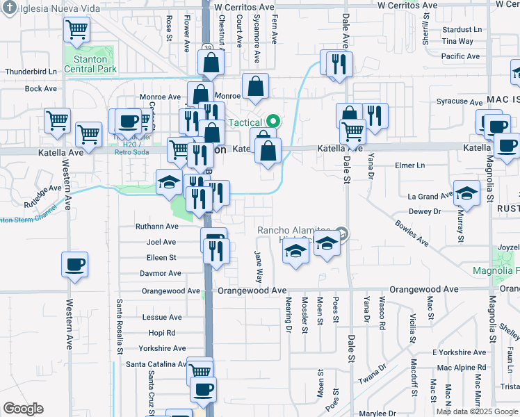 map of restaurants, bars, coffee shops, grocery stores, and more near 95 Shelton Way in Stanton