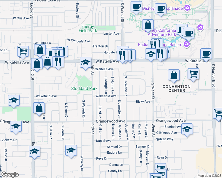 map of restaurants, bars, coffee shops, grocery stores, and more near 1913 South Norma Lane in Anaheim
