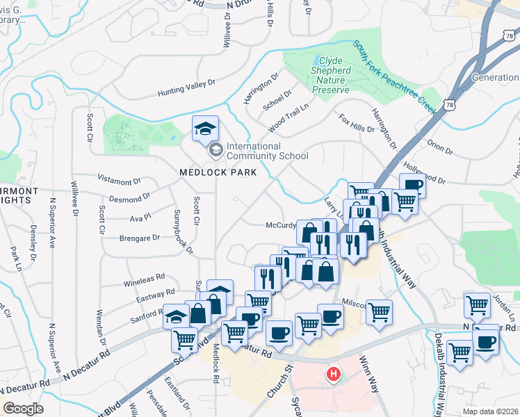 map of restaurants, bars, coffee shops, grocery stores, and more near 2427 Woodridge Drive in Decatur