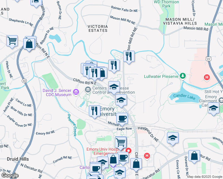 map of restaurants, bars, coffee shops, grocery stores, and more near 1599 Clifton Road Northeast in Atlanta