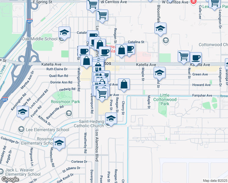 map of restaurants, bars, coffee shops, grocery stores, and more near 11195 Reagan Street in Los Alamitos