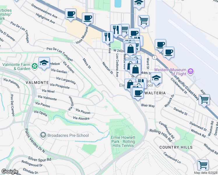 map of restaurants, bars, coffee shops, grocery stores, and more near 3837 Paseo De Las Tortugas in Torrance