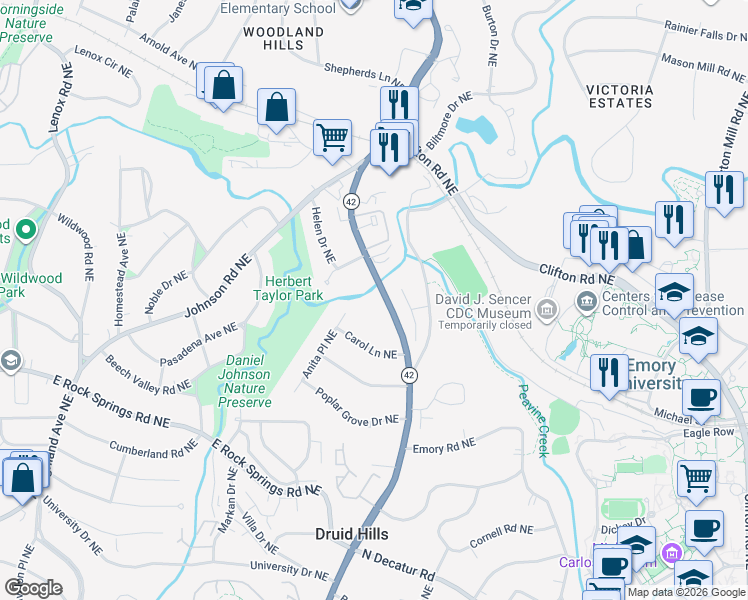 map of restaurants, bars, coffee shops, grocery stores, and more near 1612 Briarcliff Road Northeast in Atlanta