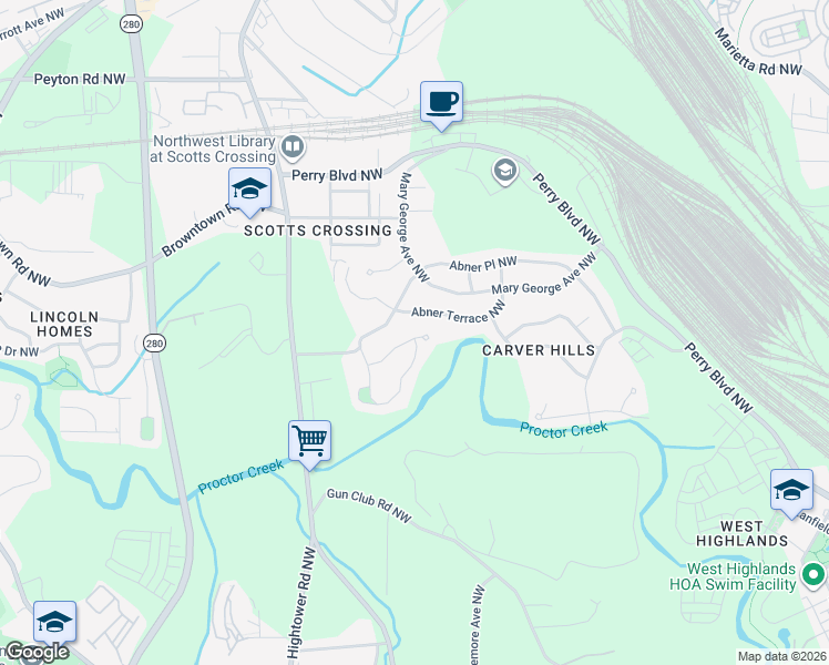map of restaurants, bars, coffee shops, grocery stores, and more near 2643 Abner Place Northwest in Atlanta
