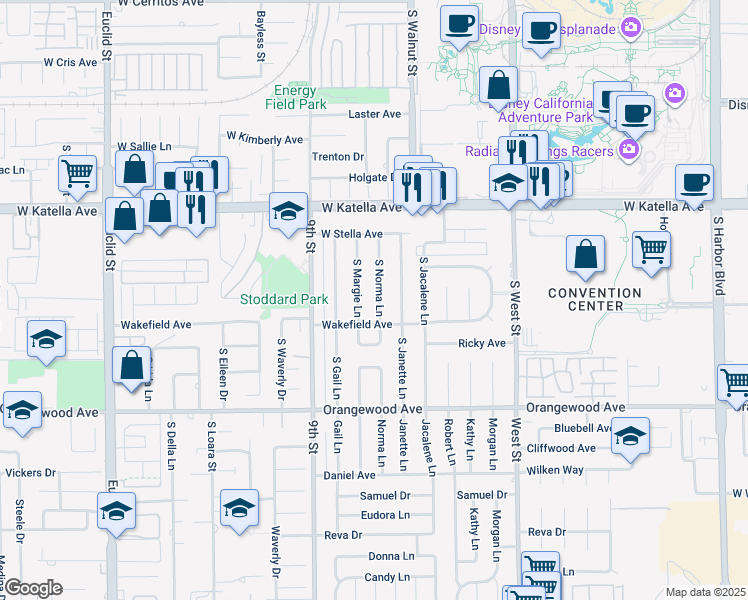 map of restaurants, bars, coffee shops, grocery stores, and more near 1913 South Norma Lane in Anaheim