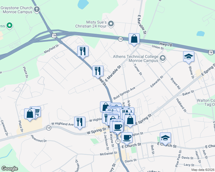 map of restaurants, bars, coffee shops, grocery stores, and more near 332 North Broad Street in Monroe