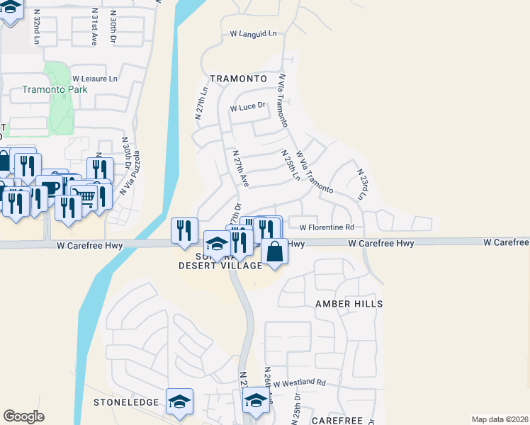 map of restaurants, bars, coffee shops, grocery stores, and more near 34700-34716 North 26th Avenue in Phoenix