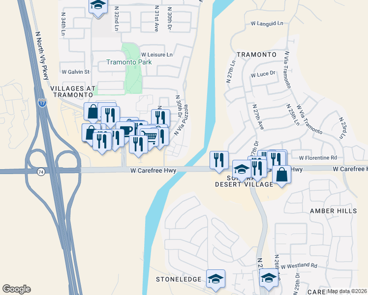 map of restaurants, bars, coffee shops, grocery stores, and more near 34723 North 30th Avenue in Phoenix
