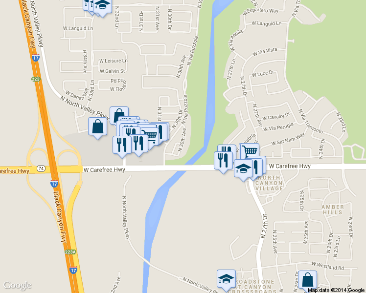 map of restaurants, bars, coffee shops, grocery stores, and more near 34723 North 30th Avenue in Phoenix