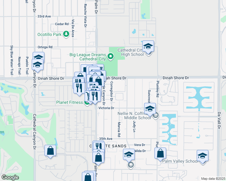 map of restaurants, bars, coffee shops, grocery stores, and more near 90 Corregidor Drive in Cathedral City