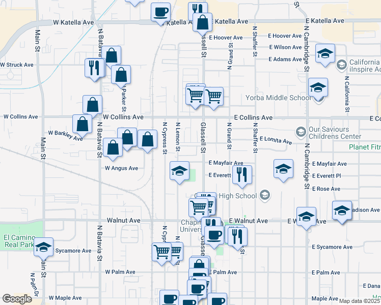 map of restaurants, bars, coffee shops, grocery stores, and more near 736 North Glassell Street in Orange