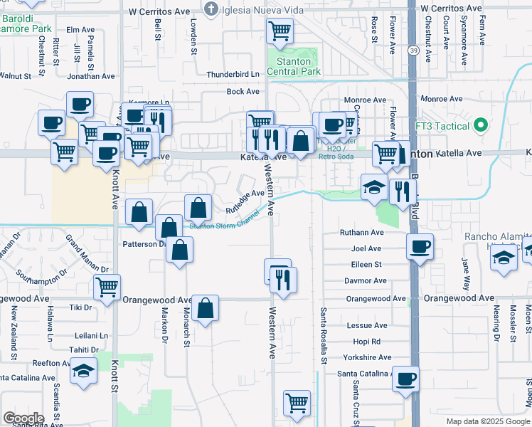 map of restaurants, bars, coffee shops, grocery stores, and more near 11241 Western Avenue in Stanton