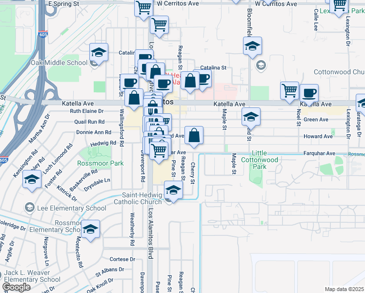 map of restaurants, bars, coffee shops, grocery stores, and more near 3649 Farquhar Avenue in Los Alamitos