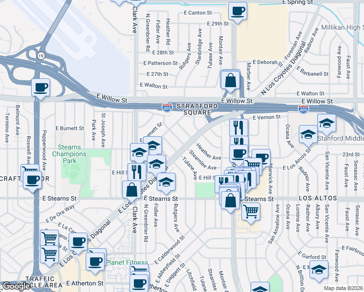 map of restaurants, bars, coffee shops, grocery stores, and more near 2337 Stearnlee Avenue in Long Beach