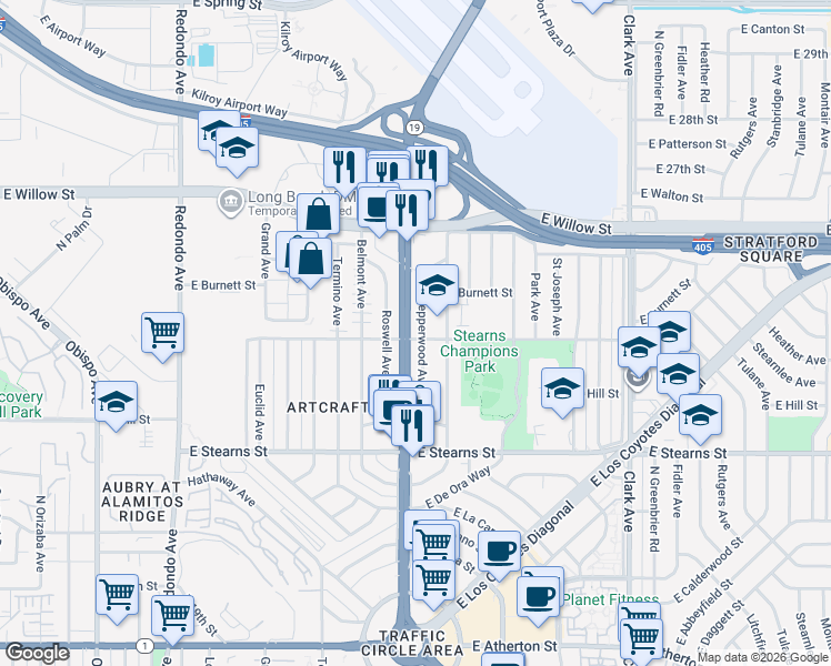 map of restaurants, bars, coffee shops, grocery stores, and more near 2298 Roswell Avenue in Long Beach