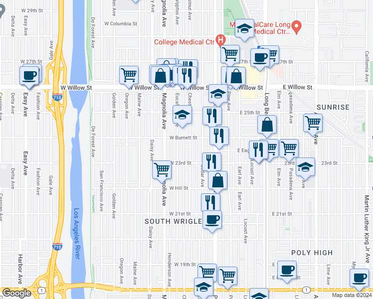 map of restaurants, bars, coffee shops, grocery stores, and more near 2324 Chestnut Avenue in Long Beach