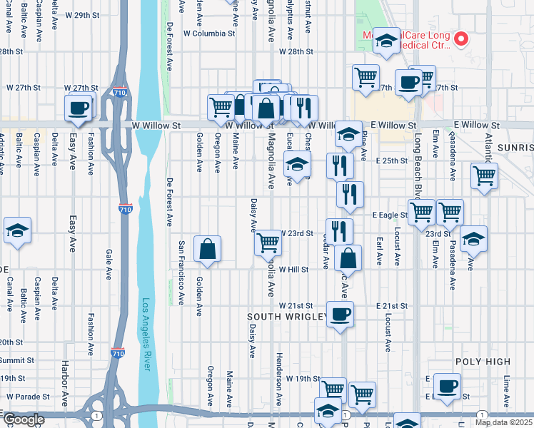 map of restaurants, bars, coffee shops, grocery stores, and more near 2333 Magnolia Avenue in Long Beach
