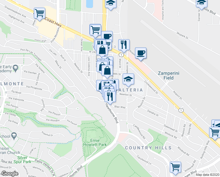map of restaurants, bars, coffee shops, grocery stores, and more near 3711 Newton Street in Torrance