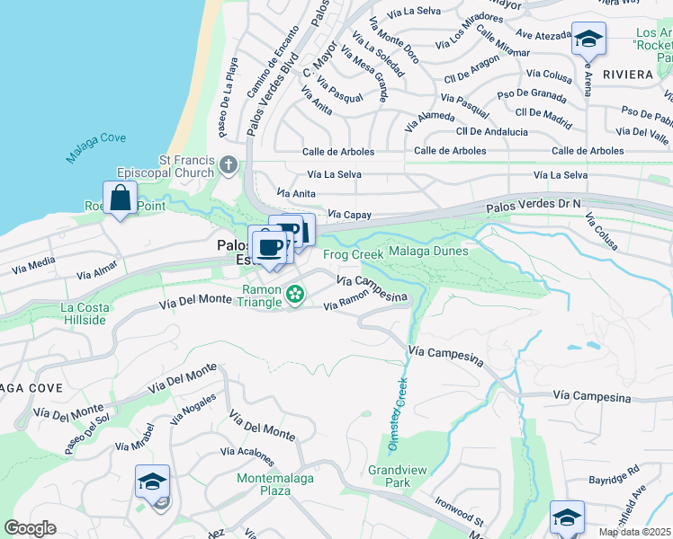 map of restaurants, bars, coffee shops, grocery stores, and more near 2605 Vía Campesina in Palos Verdes Estates