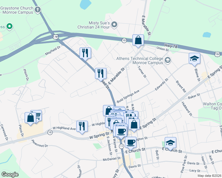 map of restaurants, bars, coffee shops, grocery stores, and more near 332 North Broad Street in Monroe