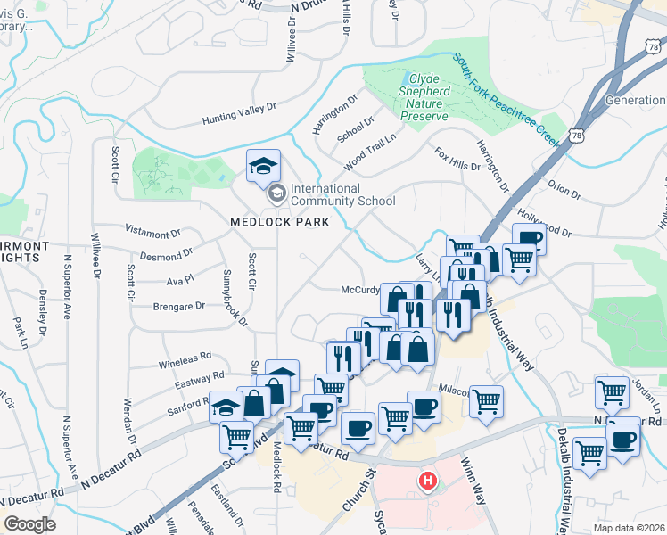 map of restaurants, bars, coffee shops, grocery stores, and more near 2427 Woodridge Drive in Decatur