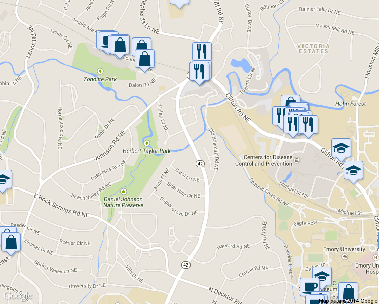 map of restaurants, bars, coffee shops, grocery stores, and more near 1612 Briarcliff Road Northeast in Atlanta