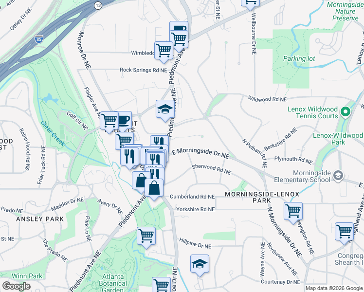 map of restaurants, bars, coffee shops, grocery stores, and more near 634 East Morningside Drive Northeast in Atlanta