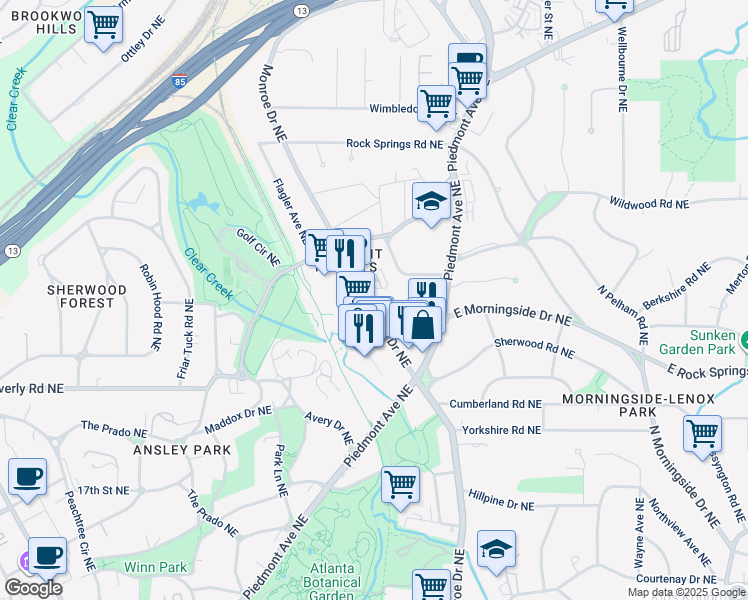 map of restaurants, bars, coffee shops, grocery stores, and more near 1629 Monroe Drive Northeast in Atlanta