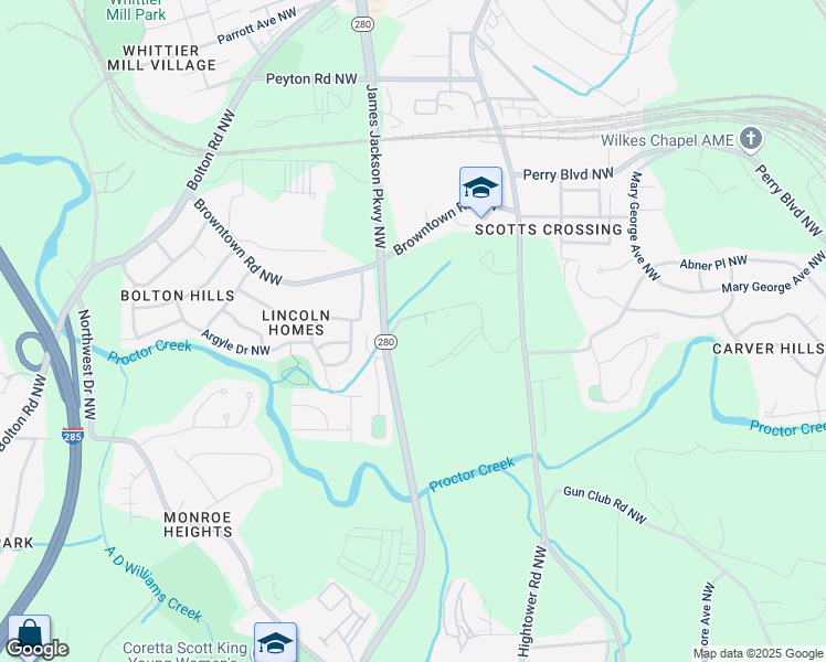 map of restaurants, bars, coffee shops, grocery stores, and more near 1671 James Jackson Parkway Northwest in Atlanta