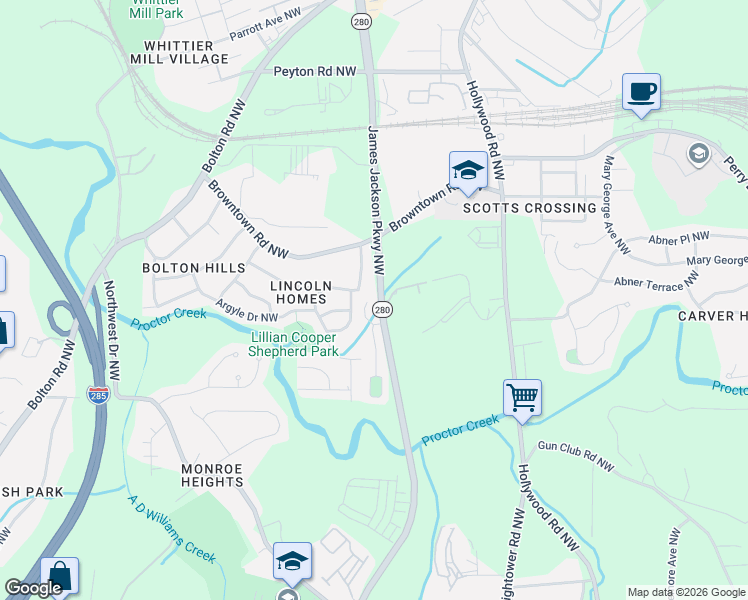 map of restaurants, bars, coffee shops, grocery stores, and more near in Atlanta