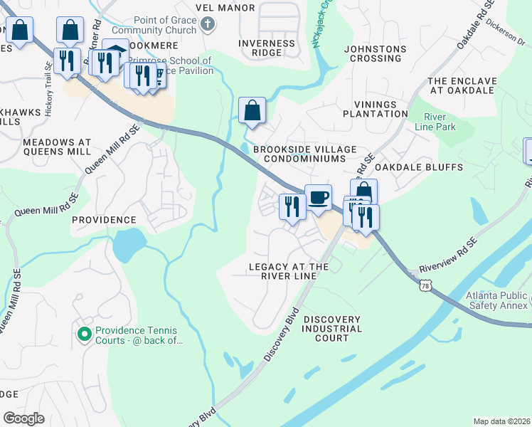 map of restaurants, bars, coffee shops, grocery stores, and more near 1182 Dove Point Court in Mableton