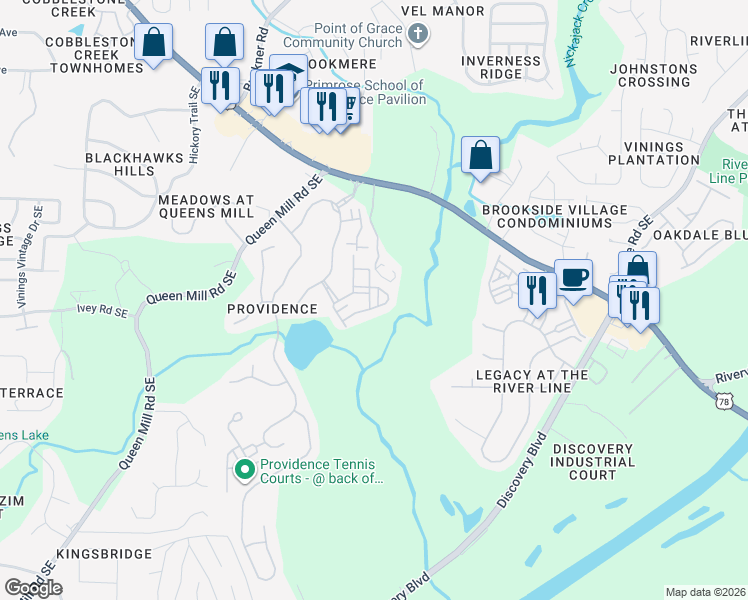 map of restaurants, bars, coffee shops, grocery stores, and more near 6421 Queens Court Trace in Mableton