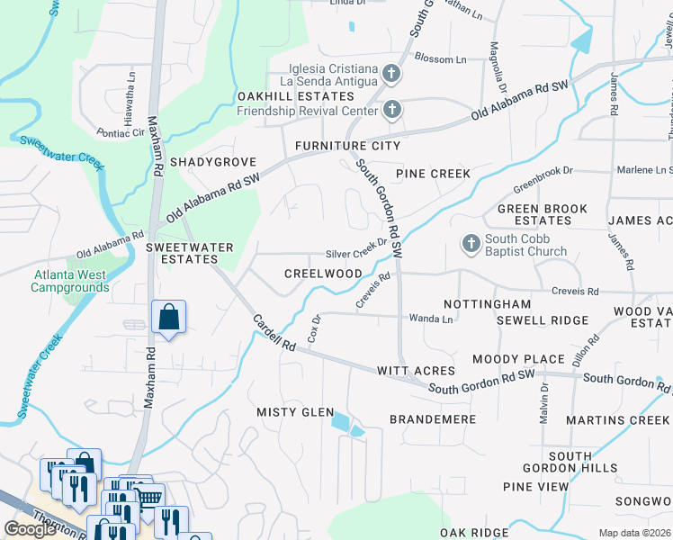 map of restaurants, bars, coffee shops, grocery stores, and more near 6310 Short Street in Austell