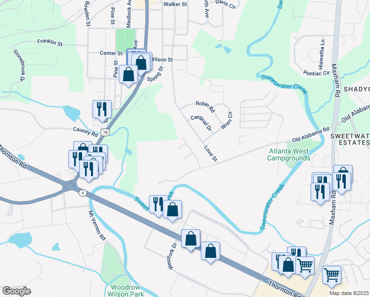 map of restaurants, bars, coffee shops, grocery stores, and more near 1792 Gold Finch Way in Austell