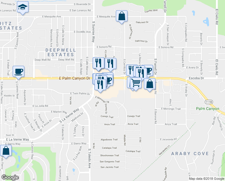 map of restaurants, bars, coffee shops, grocery stores, and more near 1785 East Palm Canyon Drive in Palm Springs