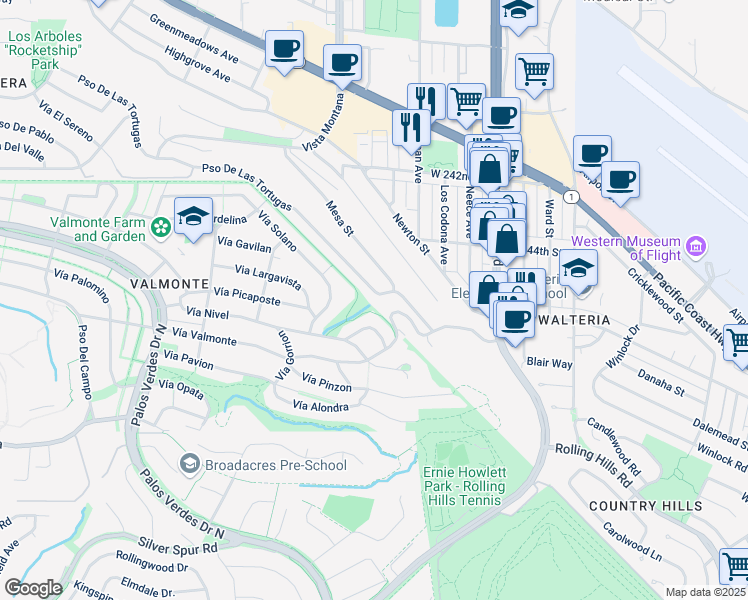 map of restaurants, bars, coffee shops, grocery stores, and more near 24859 Vía Valmonte in Torrance