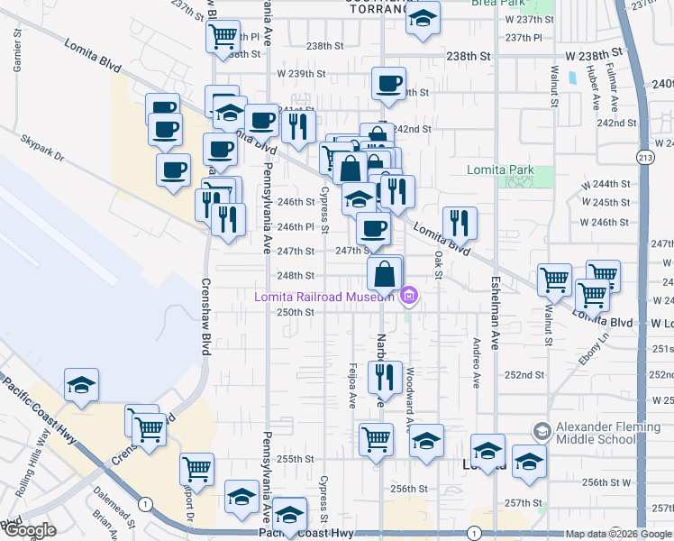 map of restaurants, bars, coffee shops, grocery stores, and more near 2263 248th Street in Lomita