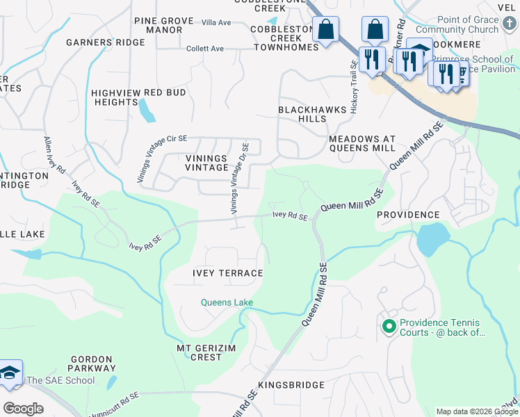 map of restaurants, bars, coffee shops, grocery stores, and more near 537 Glen Abbey Circle in Mableton