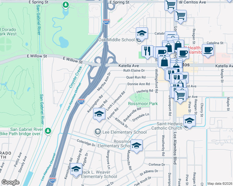 map of restaurants, bars, coffee shops, grocery stores, and more near 11272 Wembley Road in Los Alamitos