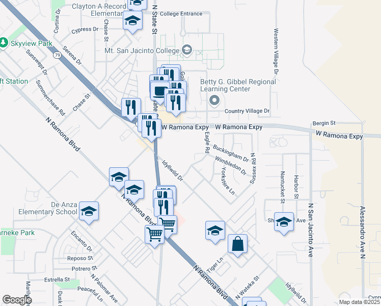 map of restaurants, bars, coffee shops, grocery stores, and more near 557 Wimbledon Drive in San Jacinto