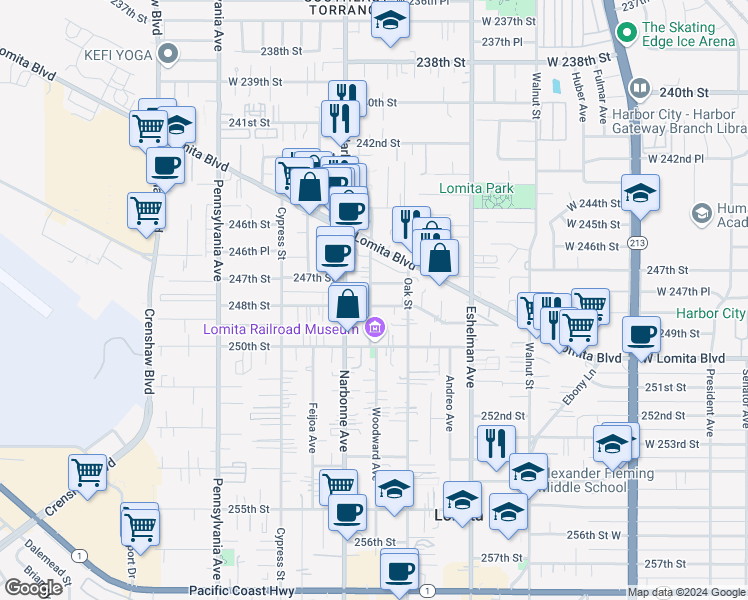 map of restaurants, bars, coffee shops, grocery stores, and more near 2143 248th Street in Lomita