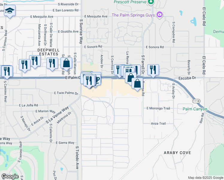 map of restaurants, bars, coffee shops, grocery stores, and more near Smoke Tree Lane in Palm Springs