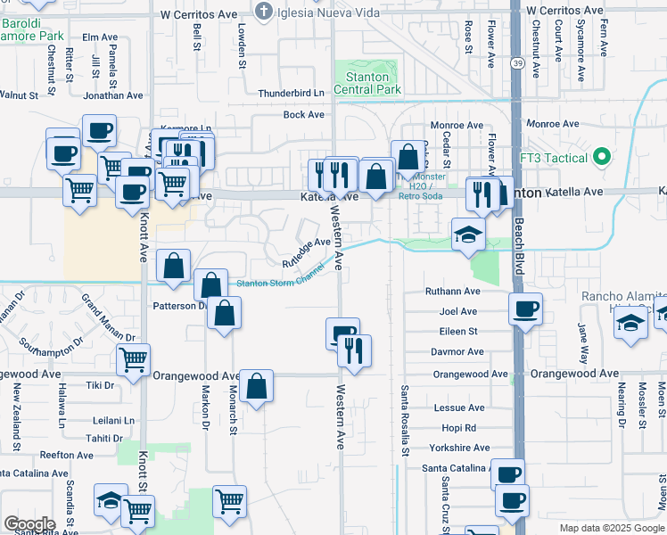 map of restaurants, bars, coffee shops, grocery stores, and more near 11241 Western Avenue in Stanton