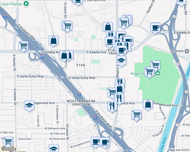 map of restaurants, bars, coffee shops, grocery stores, and more near 1893 Union Street in Anaheim