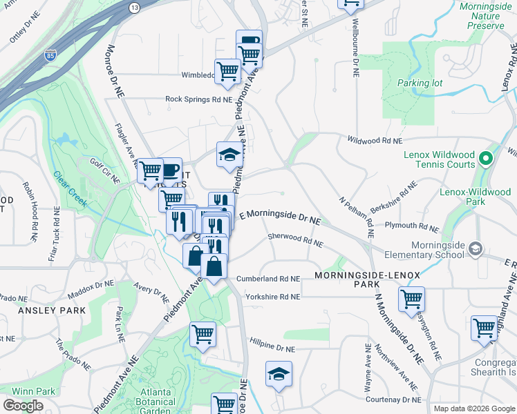 map of restaurants, bars, coffee shops, grocery stores, and more near 634 East Morningside Drive Northeast in Atlanta